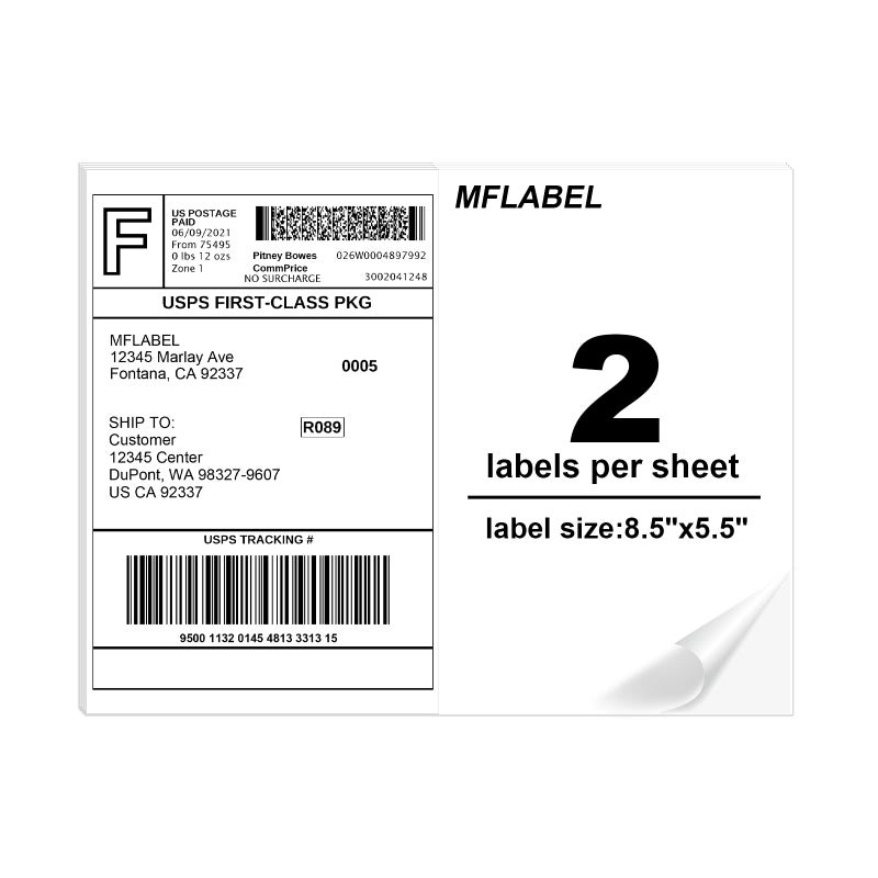 MFLABEL Half Sheet Shipping Labels - 100 Self Adhesive Sticker Sheets for Laser & Inkjet Printers, Waterproof & Smudge-Free, with 12 Free Fragile Labels for Packaging, Shipping and Crafting - Image 1